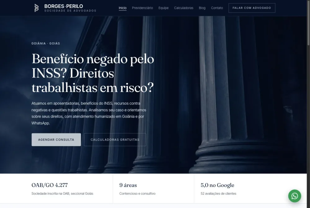 Página do site Borges Perilo Advocacia