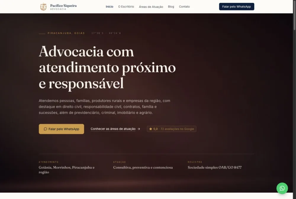 Página do site Pacífico e Siqueira Advocacia